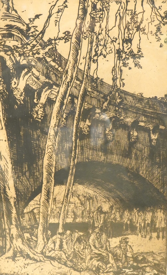 Sir Frank Brangwyn RA, RWS, RBA, (1867-1956), 'Arch of the Pont Neuf, Paris', signed in pencil, details and stamp verso, dry point etching, 56 x 34.5cm